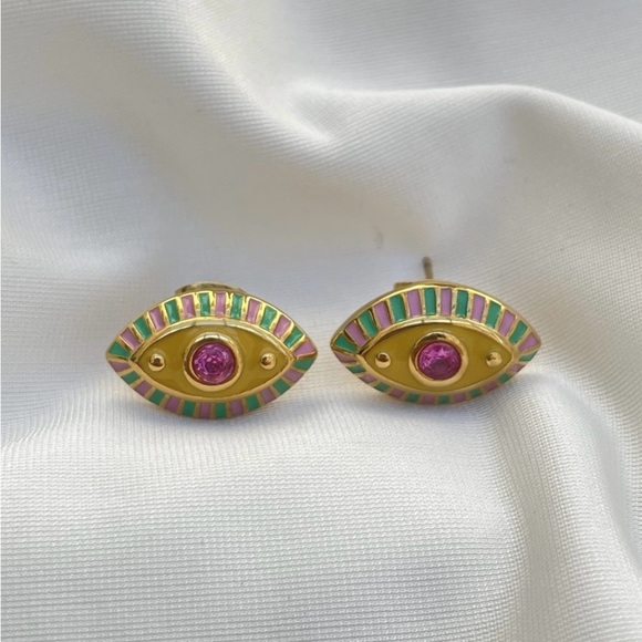 Ramla Jewelry - Gold and Pink Eye Stud Earrings